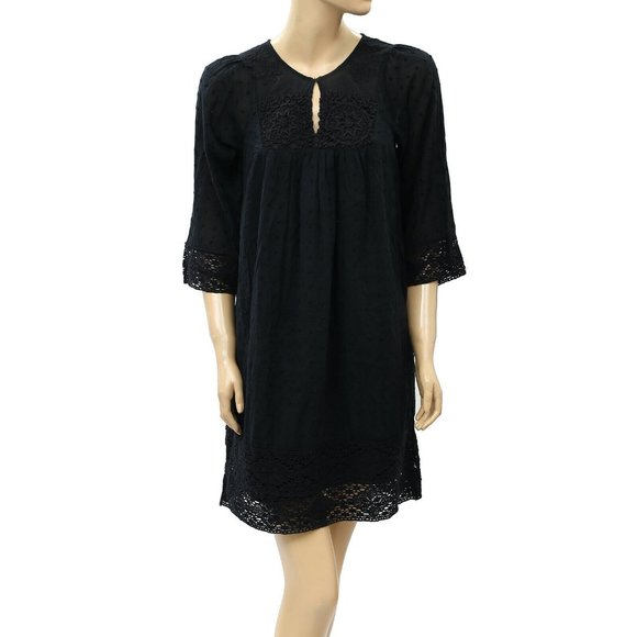 Anthropologie Devon Swing Embroidered Mini Dress Lace Cotton Black XS New - Picture 2 of 5